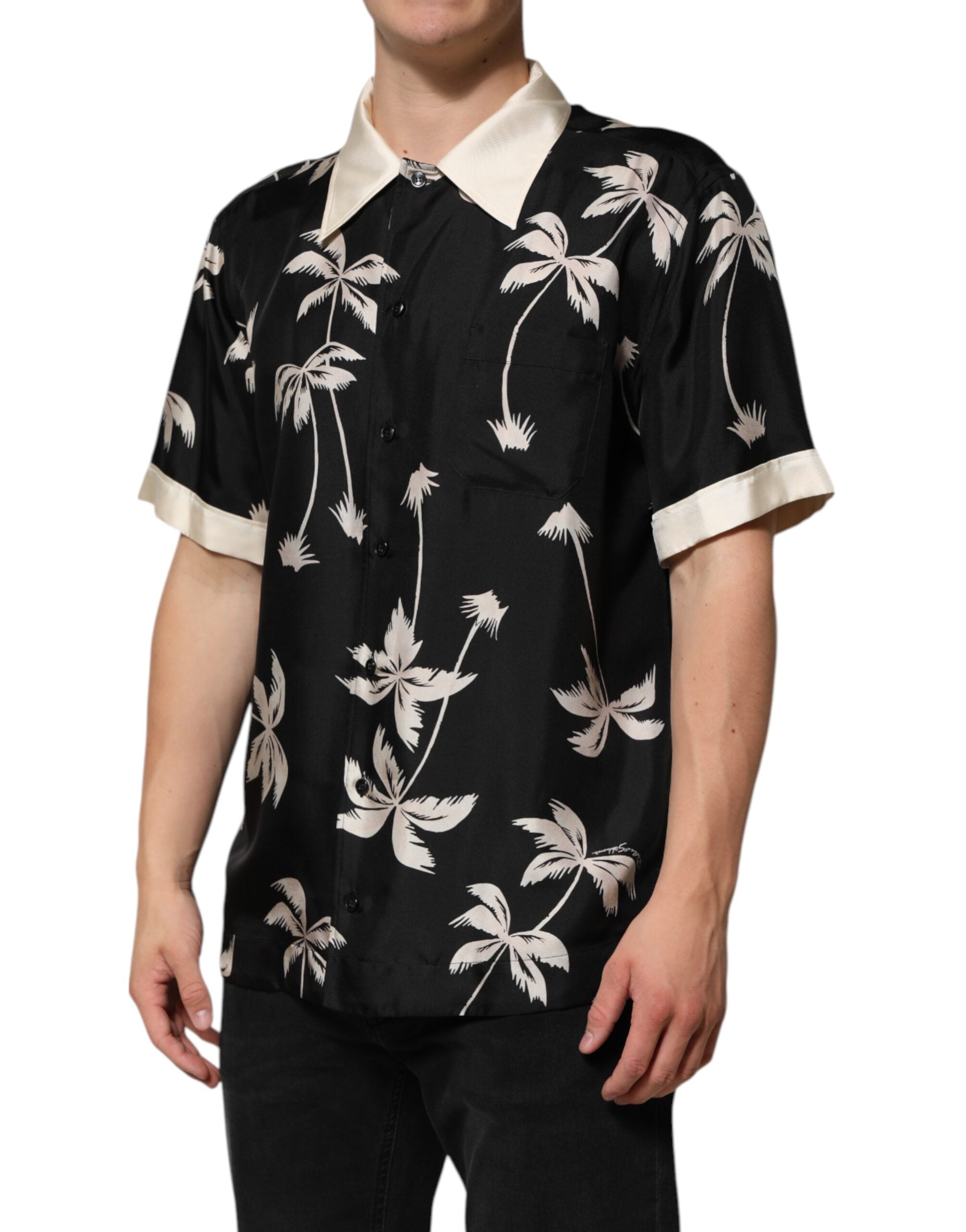 Dolce & Gabbana Black Printed Silk Short Sleeve Shirt Casual Shirt